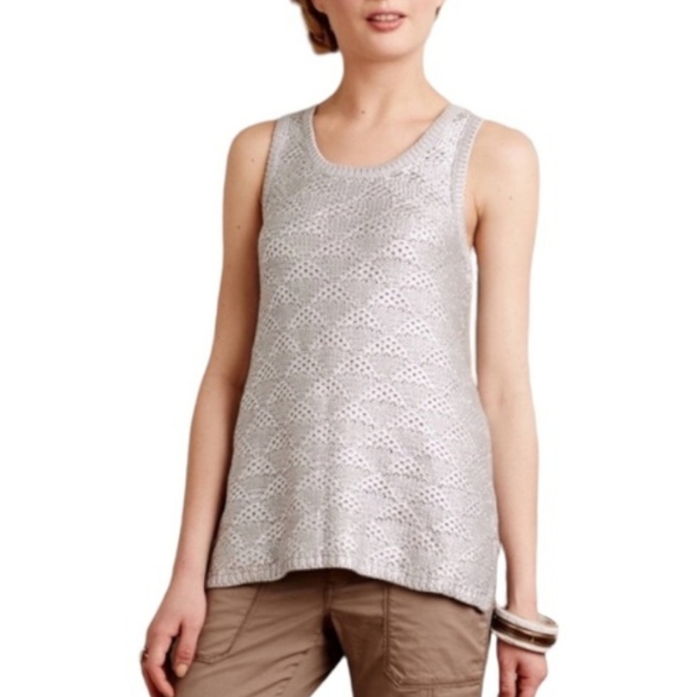 Anthropologie Moth Sana Metallic Foiled Knit Tank Light Gray Eyelet Tank Top